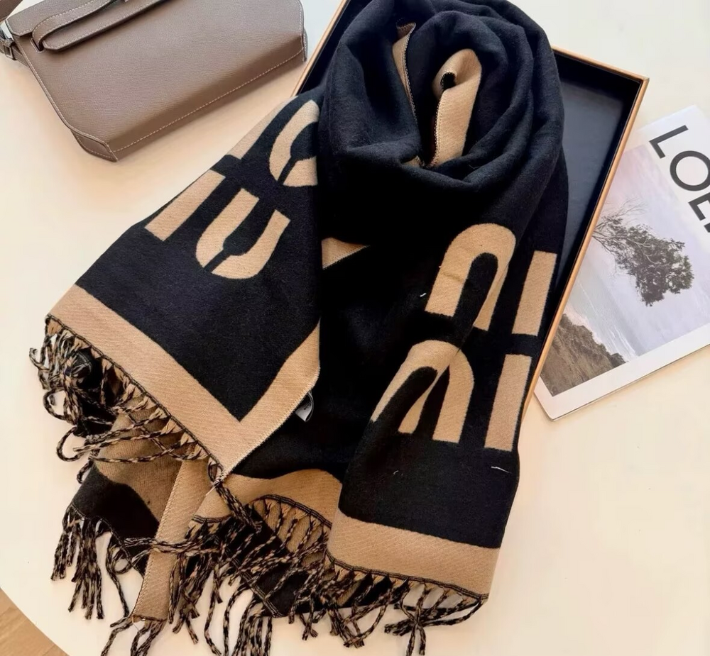 Miu Miu Logo Reversible Fringe Scarf Black & Camel